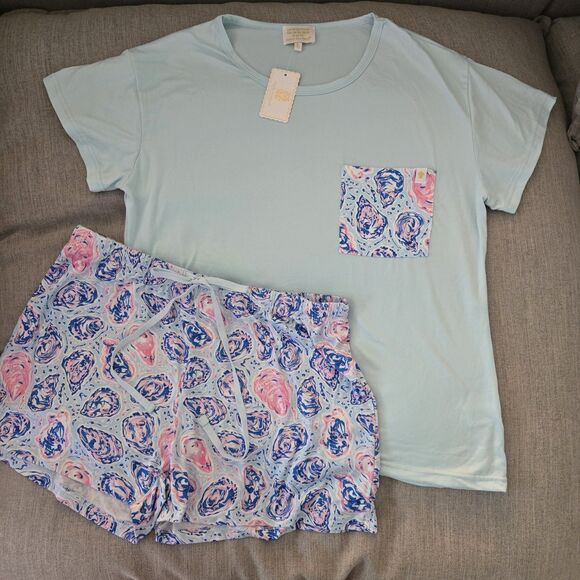 Simply Southern NWT Oyster Print Pajama Set Shorts Short Sleeve Women's Large - Picture 1 of 12